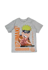 T-shirt en coton gris avec un personnage de dessin animé ayant des cheveux jaunes en piques, un geste de la main, et le texte "UZUMAKI" en orange.