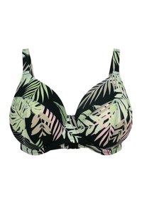Zwarte bh met een tropisch bladmotief in groen en roze. Gladde stof met voorgevormde cups en verstelbare bandjes. Sluiting op de rug.