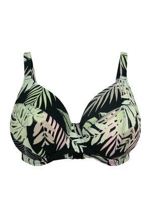 Soutien-gorge noir avec un imprimé de feuilles tropicales en vert et rose. Tissu lisse avec des bonnets moulés et des bretelles réglables. Fermeture à l'arrière.
