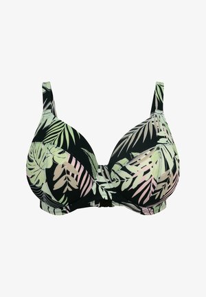 Zwarte bh met een tropisch bladmotief in groen en roze. Gladde stof met voorgevormde cups en verstelbare bandjes. Sluiting op de rug.
