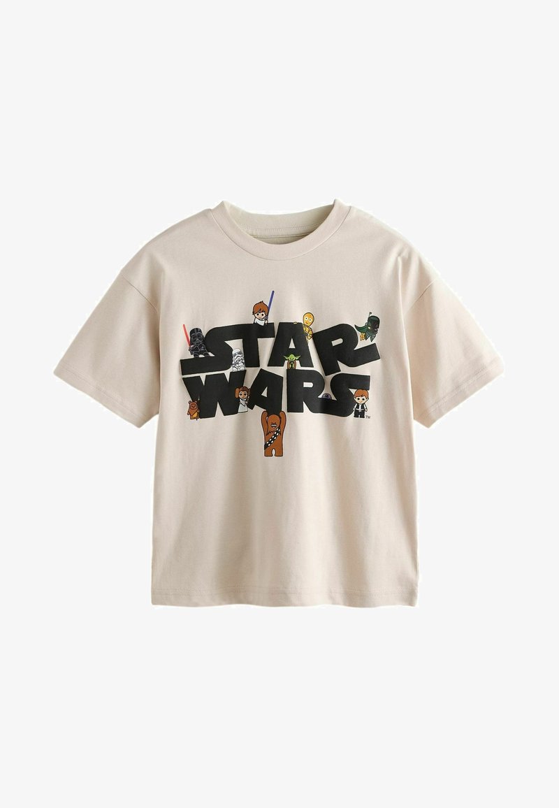 Camiseta de algodón color beige claro con un gran gráfico de "STAR WARS" que presenta personajes de dibujos animados y sables de luz en varios colores.