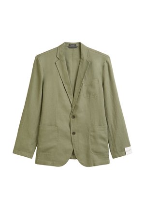 Olive green linen blazer with two front pockets, single chest pocket, and two brown buttons. Classic notch lapel and simple design.