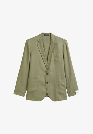 Olijfgroen linnen blazer met twee voorzakken, één borstzak en twee bruine knopen. Klassieke notch lapel en een eenvoudig ontwerp.