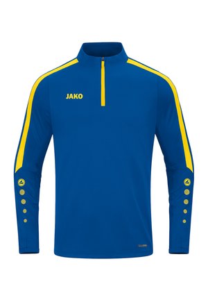 Blaues sportliches Halbreißverschluss-Shirt mit gelben seitlichen Streifen. Mit gelbem Logo "JAKO" und Knopf-Akzenten an den Ärmeln. Strukturierter Stoffdesign.