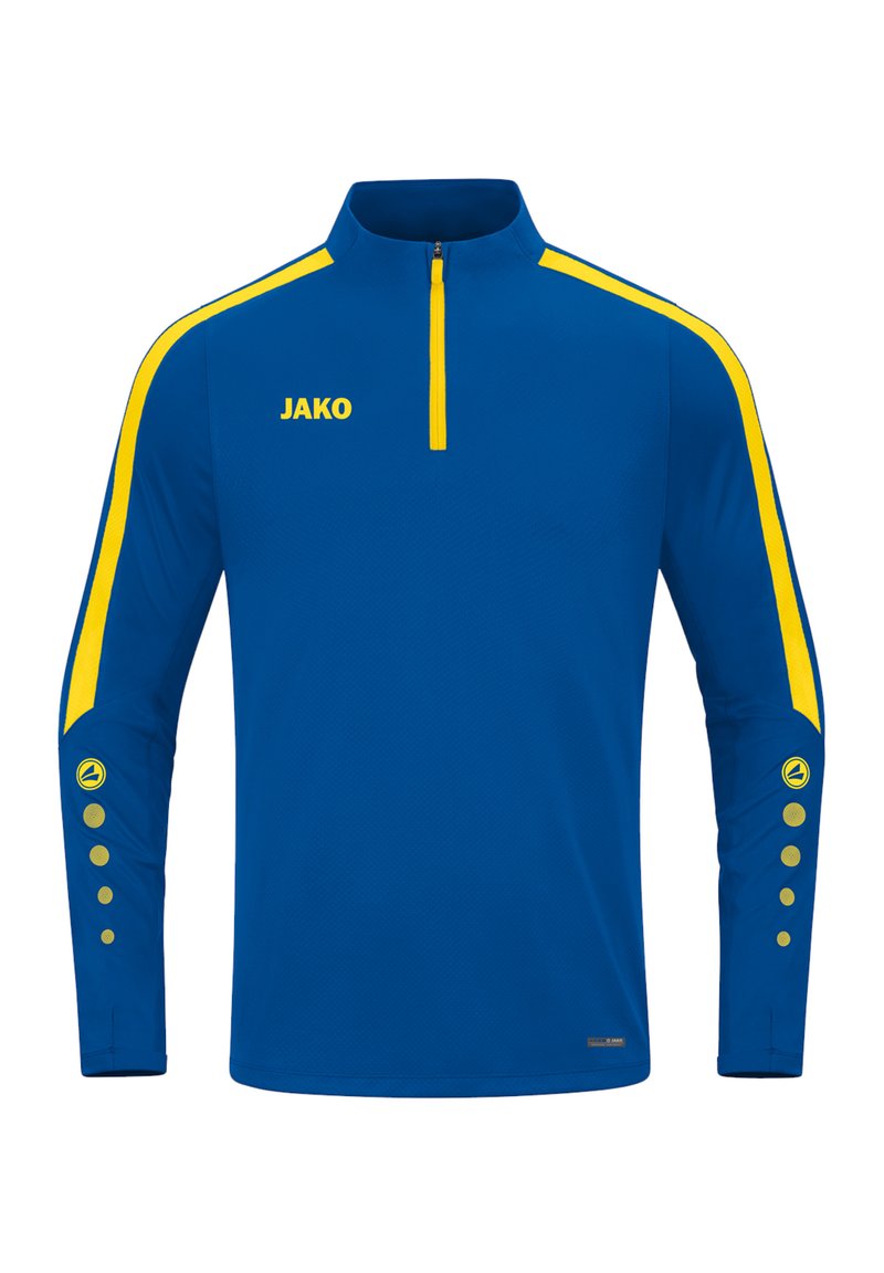 Maglia sportiva azzurra a metà zip con strisce laterali gialle. Presenta il logo giallo "JAKO" e dettagli con bottoni sulle maniche. Design in tessuto testurizzato.