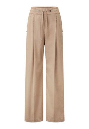 Beige weit geschnittene Hose aus leichtem Material, mit einem Kordelzugbund, vorderen Falten und Seitentaschen. Glatte Textur und entspannte Passform.