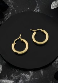 Guldörhängen med slät, glänsande yta. Har en enkel krokknäppning och en cirkulär design. Visas på en mörk, glänsande yta.