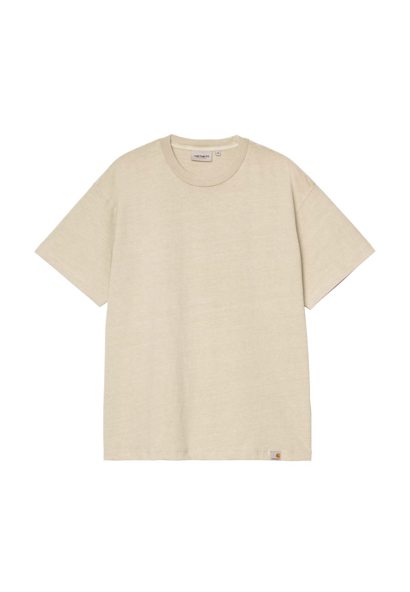Helles Beige, kurzärmliges T-Shirt aus weichem Stoff. Verfügt über einen runden Ausschnitt und ein kleines Markenlabel am Saum.