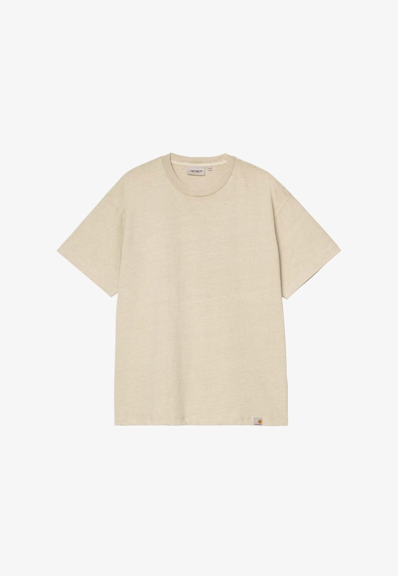 T-shirt corto a maniche corte color beige chiaro, realizzato in tessuto morbido. Presenta un collo rotondo e una piccola etichetta del marchio sull'orlo.