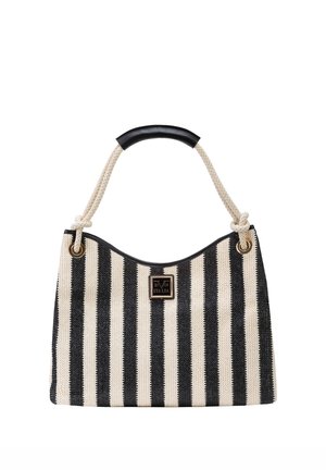 Zwart-witte schoudertas met verticale strepen, voorzien van een touw hengsel en een zwarte leren grip, met een klein vierkant logo-plaatje met "Italia".