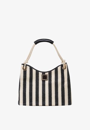 Schwarz-weiß gestreifte Umhängetasche mit vertikalen Streifen, einem Griff aus Seil und einem schwarzen Ledergriff, versehen mit einer kleinen quadratischen "Italia"-Logo-Plakette.