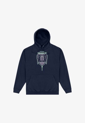 Marineblaue Kapuzenjacke mit Fronttasche und Grafik eines helmbewehrten Kriegers und einer kleinen Kreatur unter dem Schriftzug „Fierce Warrior“ auf der Brust.