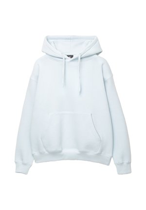 Lichtblauwe hoodie van zacht materiaal. Voorzien van een grote voorzak, trekkoorden op de capuchon en ribgebreide manchetten en zoom.
