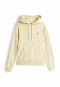 Keltainen huppari pehmeästä materiaalista, jossa on etutasku, säätöhupullinen kaulus ja pieni logo rinnassa.