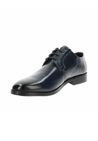 Marine leren dresschoenen met een gladde afwerking, ronde neus en vetersluiting. Voorzien van een laag profiel zwarte zool en minimale stiksels.