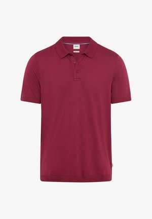 Kurzärmeliges, burgunderrotes Poloshirt mit Knopfleiste am Kragen, gerippten Ärmelbündchen und Markenlabel innen am Nacken.
