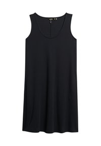 Robe noire sans manches en tissu doux, avec un col rond, une coupe décontractée, et une longueur au genou, dotée d'une texture lisse et de lignes épurées.