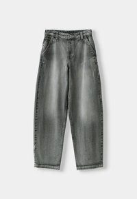 Jeansy z wysokim stanem o luźnym kroju w wyblakłym szarym denimu, wyposażone w pięć kieszeni i klasyczne szlufki na pasek. Gładka faktura z delikatnymi odcieniami.