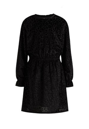 Abito nero a maniche lunghe con delicata texture a stampa leopardata e vita elasticizzata, caratterizzato da scollo tondo e polsini leggermente arricciati.