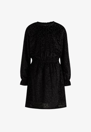 Sort kjole med lange ærmer med subtil leopardprintstruktur og elastisk talje, med rund halsudskæring og let opsamlede manchetter.