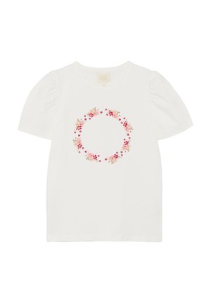 Wit katoenen T-shirt met korte pofmouwen en een bloemenkransontwerp in roze en beige in het midden. Zachte textuur.