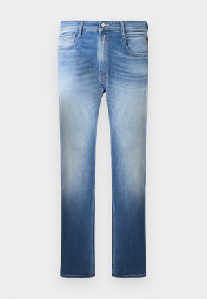 Light blue denim jeans with a faded wash, straight leg design, five pockets, and stitching accents around the waistband and pockets.