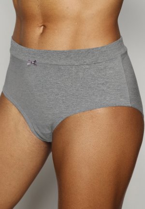 Culotte taille haute en coton gris, avec une texture lisse, ornée d'un subtil nœud violet sur la taille et d'une coupe classique.