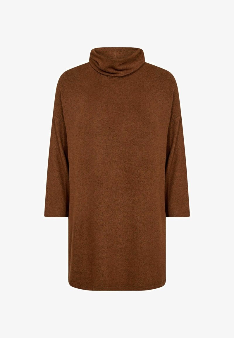 Brūna, mīksta auduma virsma ar augstu stāvokļa apkakli, 3/4 garuma piedurknēm un brīvu piegriezumu, kas piedāvā gludu tekstūru un smalku mirdzumu.