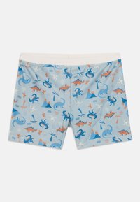 Swim shorts in light blue fabric featuring a multicolor dinosaur pattern, with a smooth texture and elastic waistband.