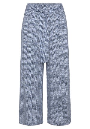Pantalon court à jambes larges avec un motif de petits pois bleus et blancs et une ceinture en tissu assortie à la taille.