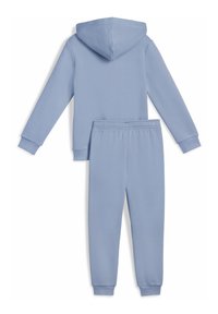 Moletons azul claro com calças de moletom combinando, feitos de um tecido suave, apresentam capuz e punhos canelados. Design simples, sem padrões ou detalhes.