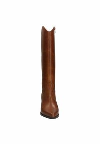 Brown leather knee-high boot with a pointed toe, slightly scalloped top edge, and a side zipper for easy access. Smooth texture.