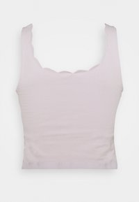 Light pink cropped top, featuring scalloped edges on the straps, made from a smooth, stretchy fabric. No additional patterns or accents.