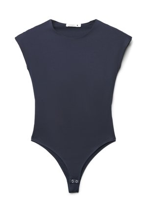 Body senza maniche blu navy scuro con scollo tondo e chiusure a pressione nella parte inferiore, mostrato disteso su uno sfondo bianco.