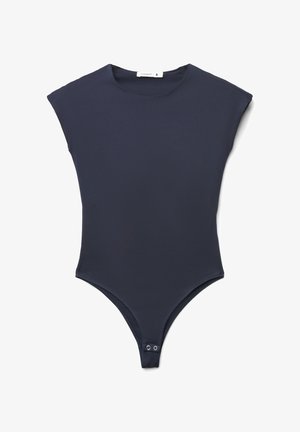 Granatowy bezrękawnik na całe ciało z dekoltem w serek i zatrzaskami na dole, przedstawiony na płasko na białym tle.