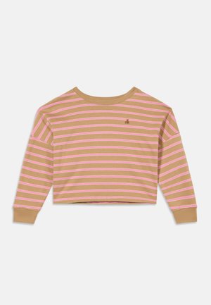 T-shirt court à manches longues avec des rayures horizontales beige et rose et un petit logo brodé sur la poitrine.