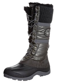 Neoprenová zimní obuv na šněrování s lesklým, polstrovaným šedým svrškem, texturovaným černým pleteným límcem a odolnou černou gumovou podrážkou.