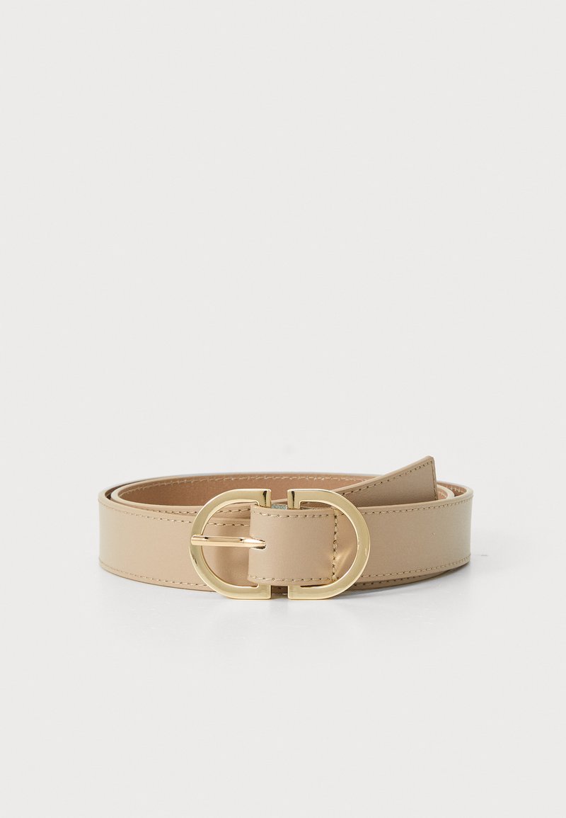 Beige faux leather belt featuring a gold round buckle with a pin closure, smooth texture, and a slim design.