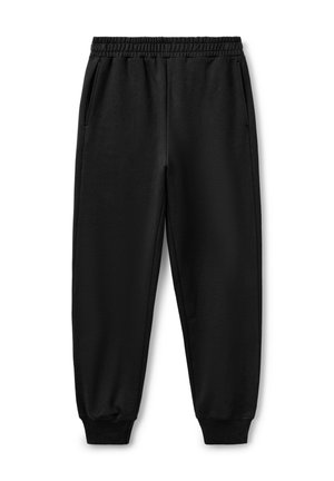 Schwarze Jogginghose aus glattem Stoff, mit einem elastischen Bund, zwei seitlichen Taschen und schmal zulaufenden Knöcheln. Keine sichtbaren Muster oder Akzente.
