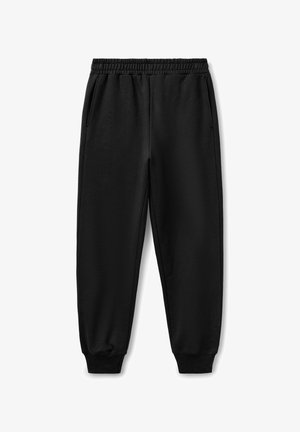 Pantaloni sportivi neri realizzati in tessuto morbido, con vita elastica, due tasche laterali e caviglie affusolate. Nessun motivo o accento visibile.