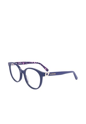 Montatura rotonda blu con scritta "Love Moschino" e cuore sulle aste; parti interne delle aste decorate con cuori rosa su sfondo blu.