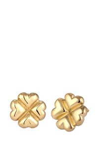 Goldfarbene Steckerohrringe in Form von Kleeblättern mit polierten Oberflächen und einem strukturierten, symmetrischen Design.