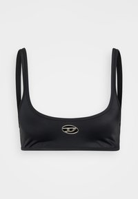 Svart bikinitopp laget av glatt, elastisk stoff. Har scoop utringning, slanke stropper og en metallisk logodetalj på midten foran.
