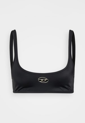 Black bikini top made of smooth, stretch fabric. Features a scoop neckline, slim straps, and a metallic logo detail on the center front.