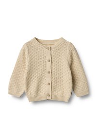 Cardigan créme tricoté avec col rond, fermeture par boutons et motif texturé. Il possède des manches longues et des poignets et un ourlet côtelés.