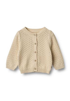 Sisustettu kerma cardigan, jossa on pyöreä kaula-aukko, napitus ja teksturoitu kuvio. Sisältää pitkät hihat sekä ribbaus reunassa ja hihansuissa.
