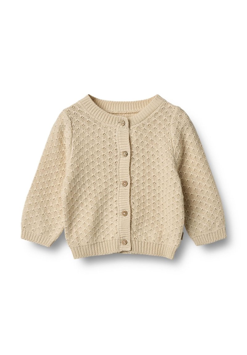Cardigan créme tricoté avec col rond, fermeture par boutons et motif texturé. Il possède des manches longues et des poignets et un ourlet côtelés.