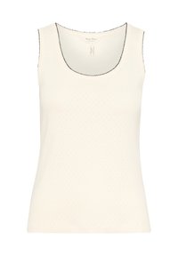 Cream-colored tank top with a textured surface, featuring a round neckline and scalloped edges along the neckline and armholes.