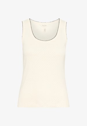 Débardeur de couleur crème avec une surface texturée, doté d'un col rond et de bords festonnés le long du col et des emmanchures.