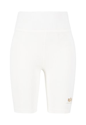 Weiße, hoch taillierte Sportshorts mit einem kleinen goldenen Logo am unteren linken Bein, entworfen für sportliche Aktivitäten oder den Freizeitgebrauch.